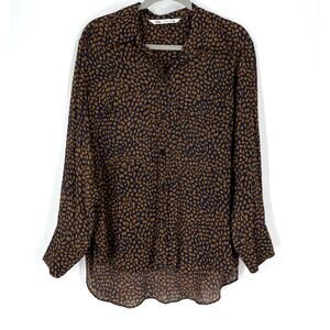 Zara Black Flowy Blouse Large Collared Button Down